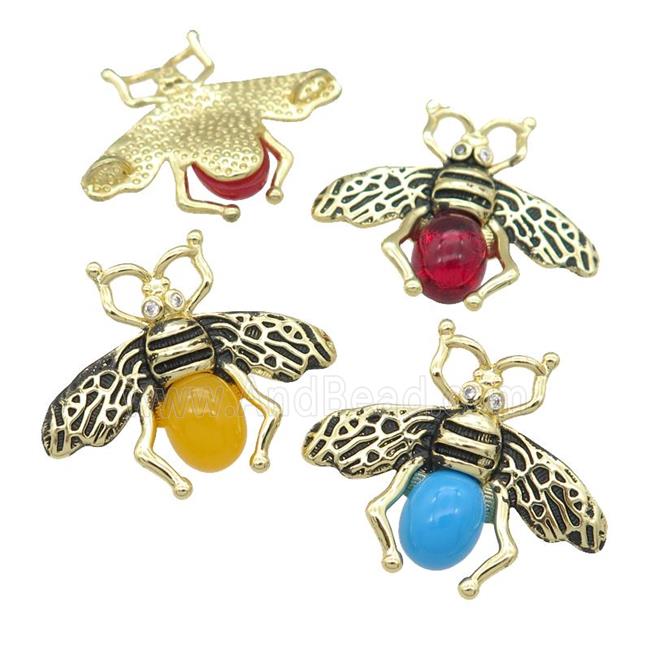 copper honeybee charm Connector with cats eye stone, antique gold, mixed