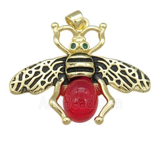 copper honeybee Pendant with red cats eye stone, antique gold