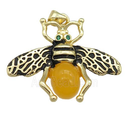 copper honeybee Pendant with yellow cats eye stone, antique gold