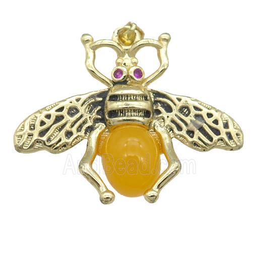 copper honeybee Pendant with yellow cats eye stone, antique gold