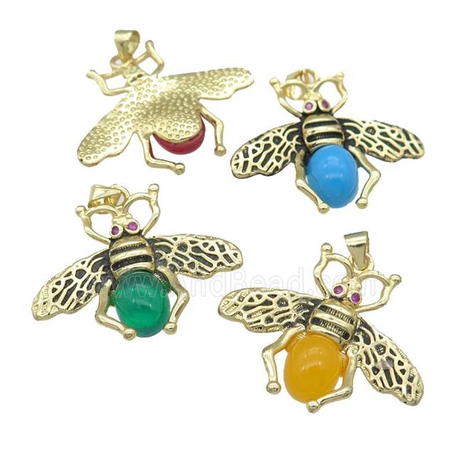 copper honeybee Pendant with cats eye stone, antique gold, mixed
