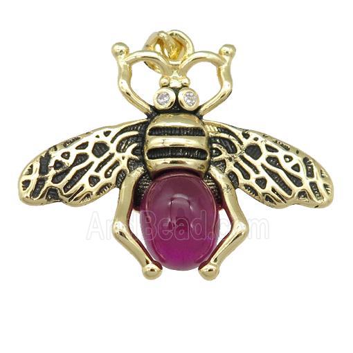 copper honeybee Pendant with red cats eye stone, antique gold