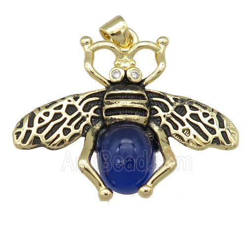 copper honeybee Pendant with blue cats eye stone, antique gold