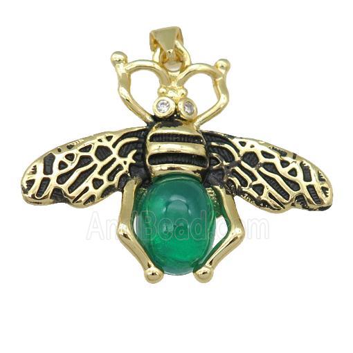 copper honeybee Pendant with green cats eye stone, antique gold