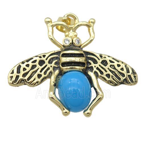 copper honeybee Pendant with turqblue cats eye stone, antique gold