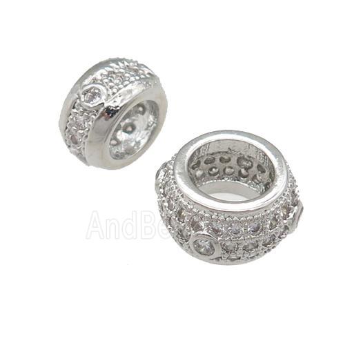 copper rondelle beads pave zircon, large hole, platinum plated