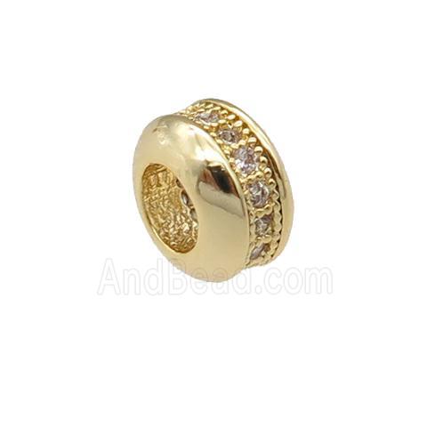 copper rondelle beads pave zircon, large hole, gold plated