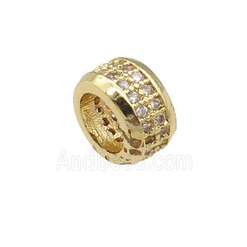 copper rondelle beads pave zircon, large hole, gold plated