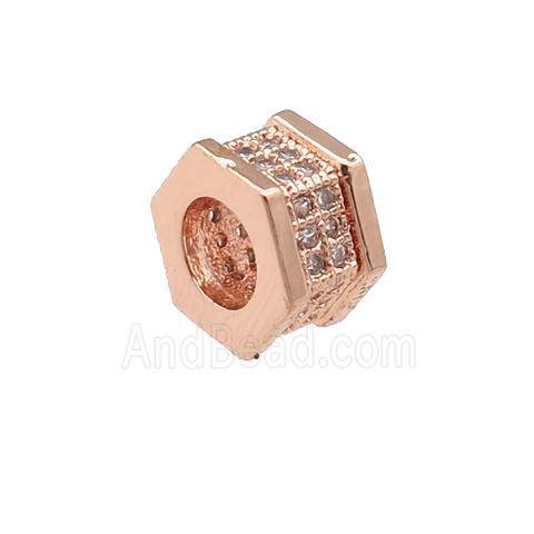 copper hexagon beads pave zircon, large hole, rose gold