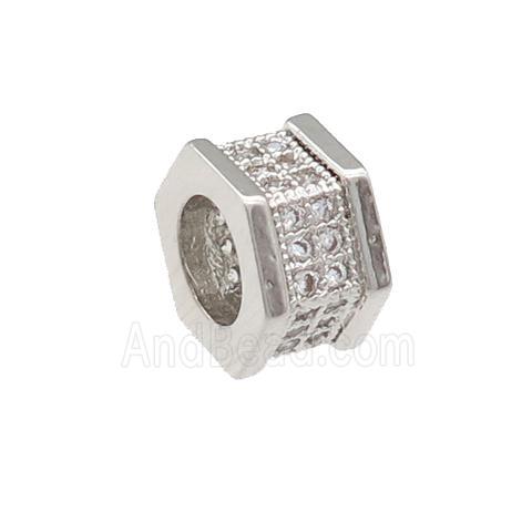 copper hexagon beads pave zircon, large hole, platinum plated