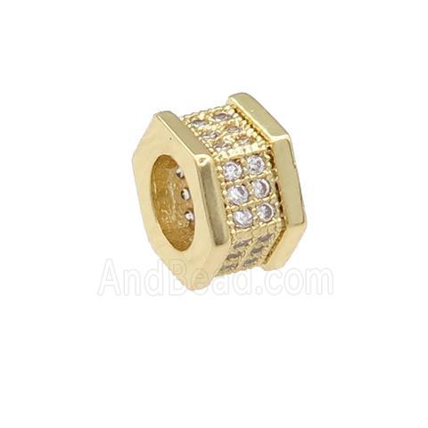 copper hexagon beads pave zircon, large hole, gold plated