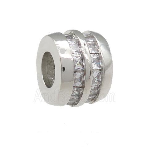 copper barrel beads pave zircon, large hole, platinum plated