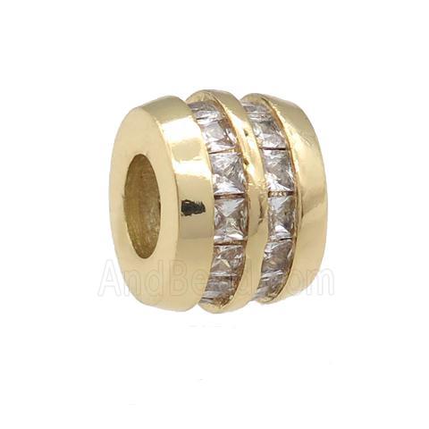 copper barrel beads pave zircon, large hole, gold plated
