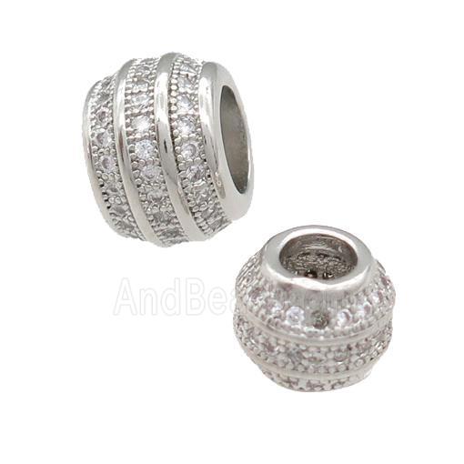 copper barrel beads pave zircon, large hole, platinum plated