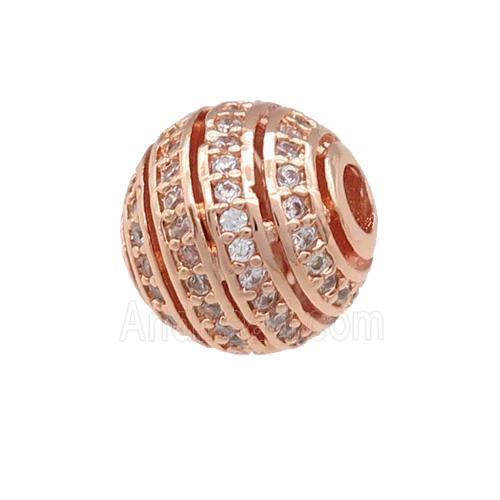 copper round beads pave zircon, large hole, hollow, rose gold