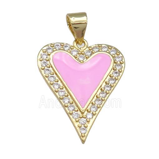 copper heart pendant pave zircon, pink enamel, gold plated