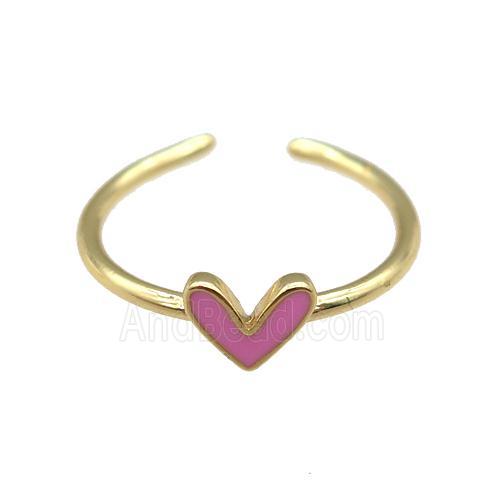 copper Ring with pink enamel heart, gold plated
