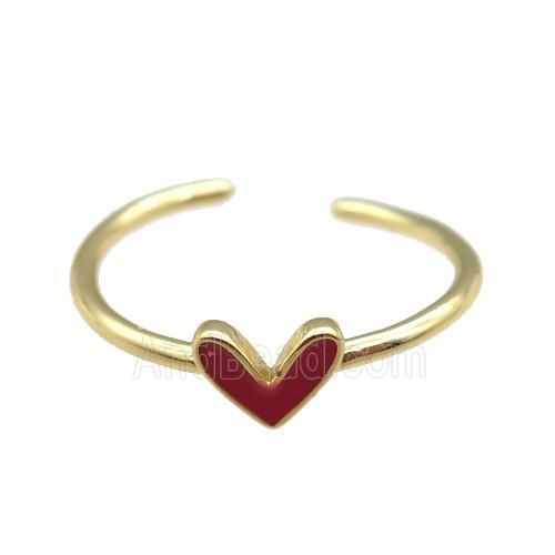 copper Ring with red enamel heart, gold plated