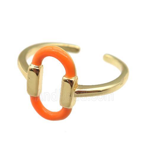 copper Ring with orange enamel oval, gold plated