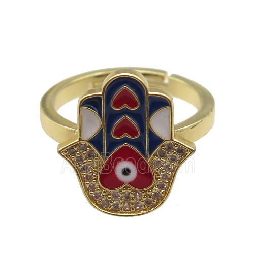copper Ring pave zircon with enamel hamsahand, gold plated