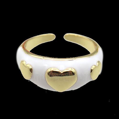 copper Ring with white enamel, heart, gold plated