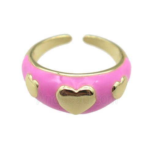 copper Ring with pink enamel, heart, gold plated
