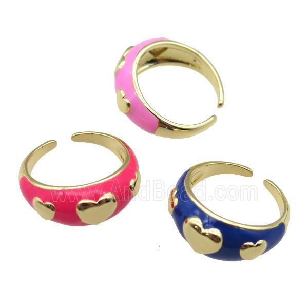 copper Ring with enamel, heart, gold plated, mixed