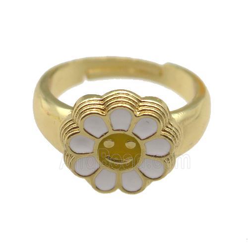 copper Ring with white enamel daisy, adjustable, gold plated