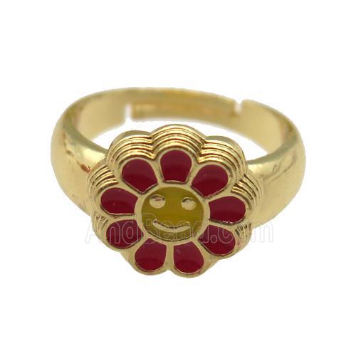 copper Ring with red enamel daisy, adjustable, gold plated