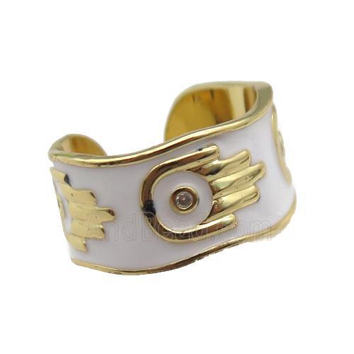 copper Ring with white enamel, hand, gold plated