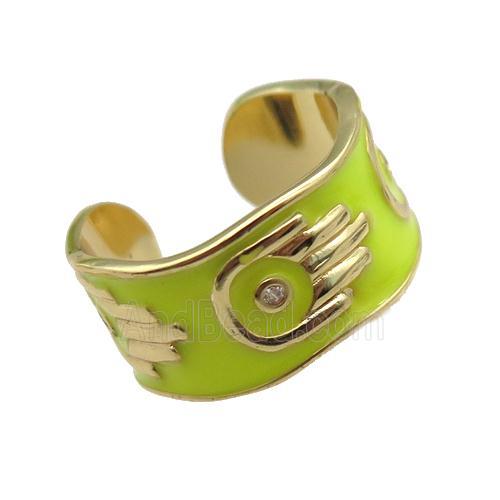 copper Ring with yellow enamel, hand, gold plated
