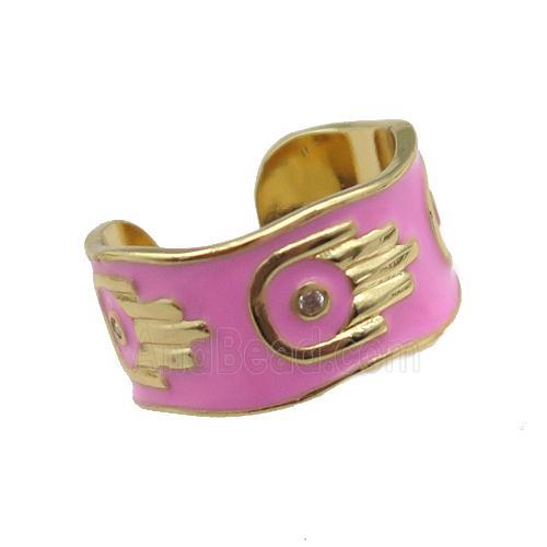 copper Ring with pink enamel, hand, gold plated