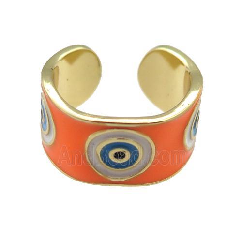copper Ring with orange enamel, evil eye, gold plated