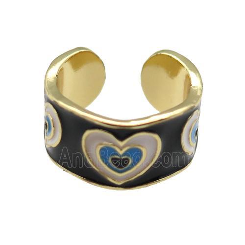 copper Ring with black enamel, heart, gold plated