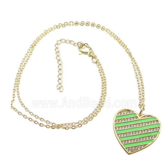 copper Necklace with green enamel heart, gold plated
