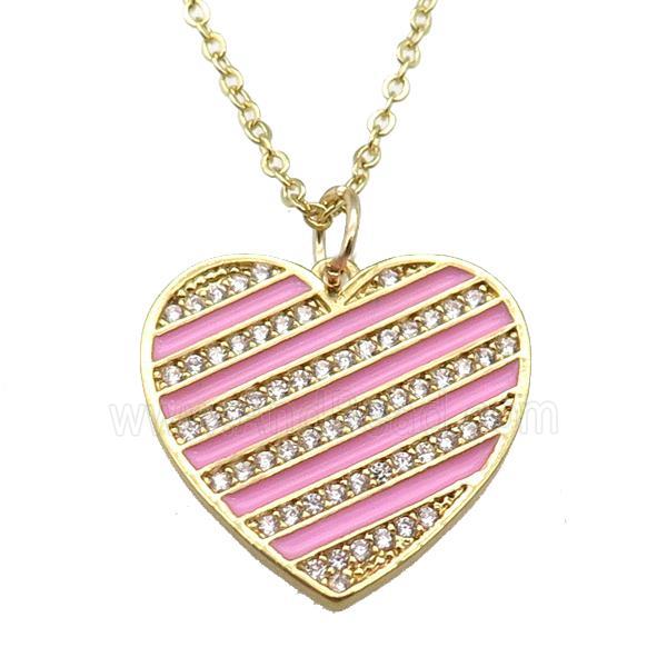copper Necklace with pink enamel heart, gold plated