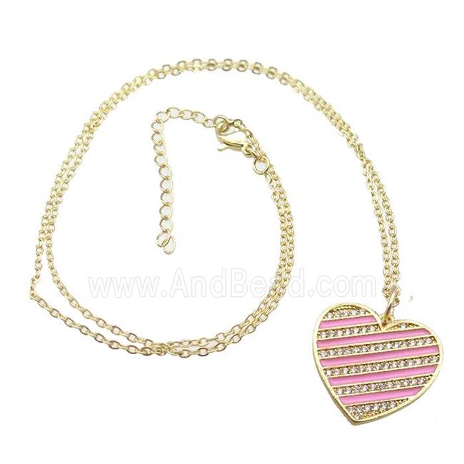 copper Necklace with pink enamel heart, gold plated