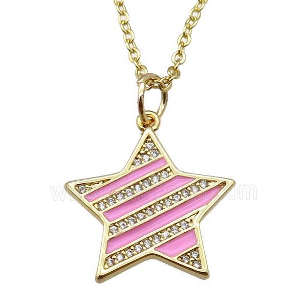 copper Necklace with pink enamel star, gold plated