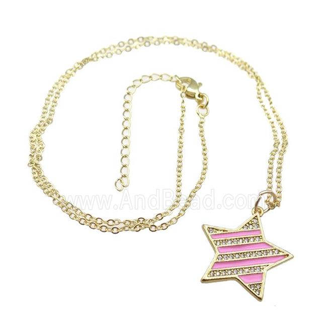 copper Necklace with pink enamel star, gold plated