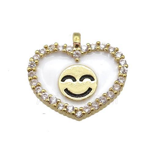 copper Heart pendant paved zircon with white enamel, happiness face, gold plated