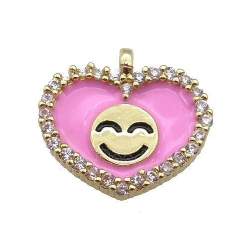 copper Heart pendant paved zircon with pink enamel, happiness face, gold plated