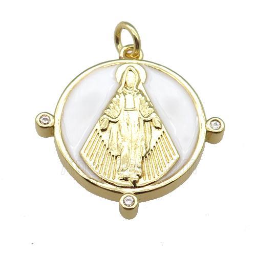 copper Pendant with Virgin Mary, white enamel, gold plated