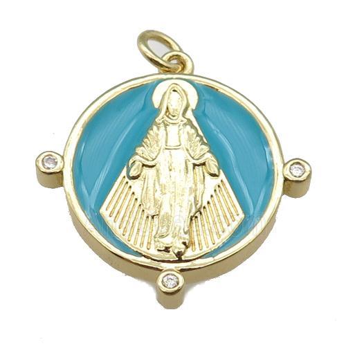 copper Pendant with Virgin Mary, teal enamel, gold plated