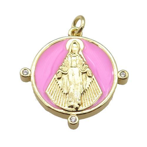 copper Pendant with Virgin Mary, pink enamel, gold plated
