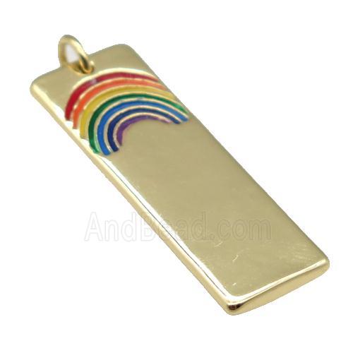 copper Rectangle pendant with rainbow enamel, gold plated