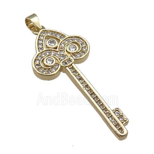 copper Key pendant paved zircon, gold plated