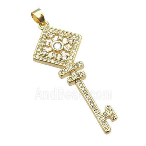 copper Key pendant paved zircon, gold plated