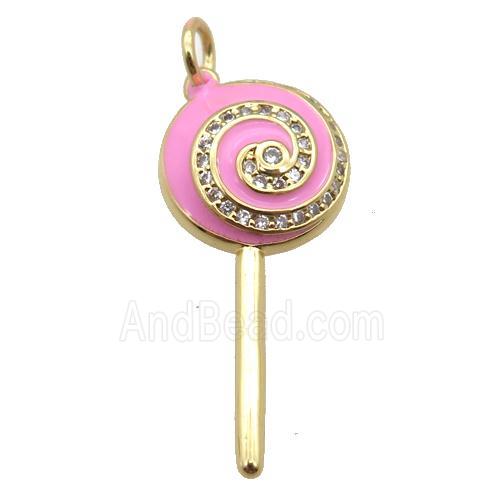 copper Lollipop pendant paved zircon with pink enamel, gold plated