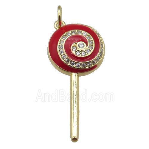 copper Lollipop pendant paved zircon with red enamel, gold plated