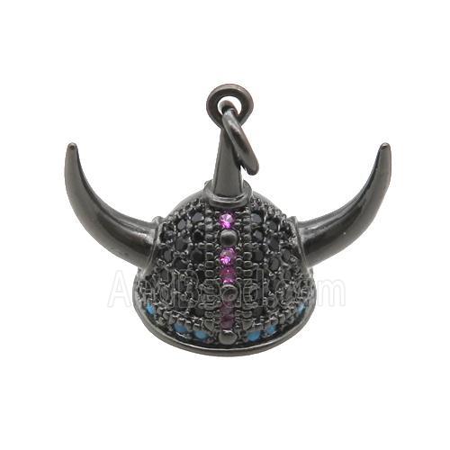copper Viking Helmet pendant paved zircon, Hat Gothic Norse, black plated